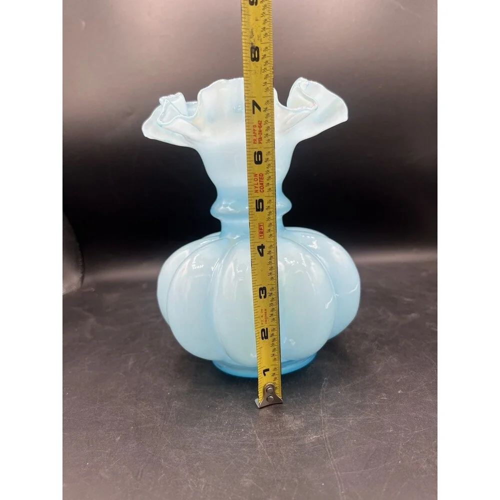 Vintage Fenton Blue Opalescent Melon Vase Ruffled Crimped Rim Art Glass 7.5”